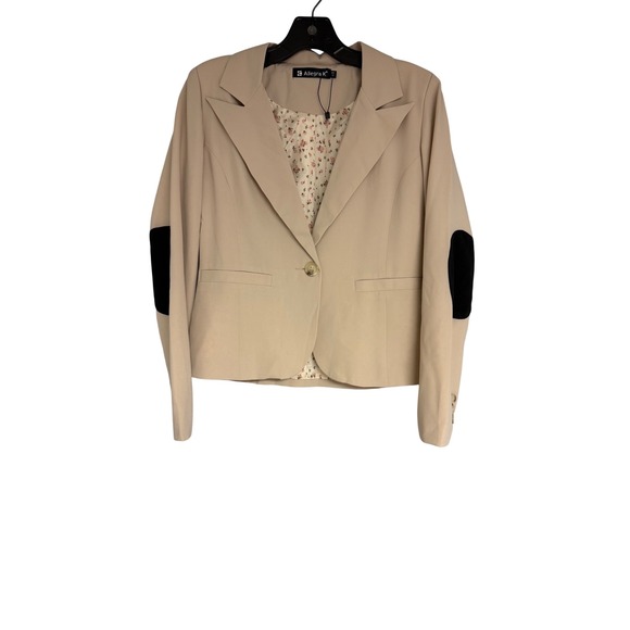 Allegra K Jackets & Blazers - Allegra K Women Tan Blazer Black Elbow Patches Floral Lining Single Button XS